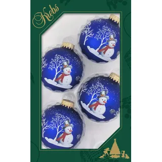 Dekohelden24 Lauschaer Christbaumschmuck - 4er Set Kugeln in blau mit Schneemann, 7 cm, mit goldenem Krönchen