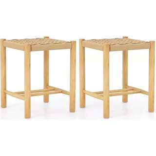 COSTWAY 2er Set Barhocker Holz, Barstuhl Sitzhöhe 45 cm mit Fußstütze, Küchenstuhl aus geflochtenem Papier, Tresenhocker Bistrohocker für Küche, Esszimmer, Hinterhof (36 x 36 x 45 cm) - Naturbelassen