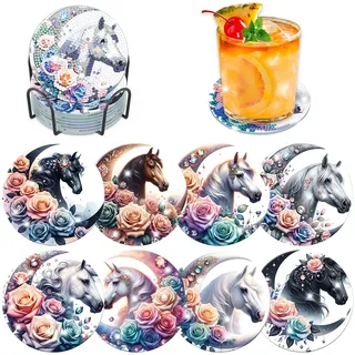 Lxmsja 8 STK Diamond Painting Untersetzer mit Halter, Diamond Painting Horse Erwachsene Kinder, Diamant Tassenuntersetzer mit Kork, Diamant Painting Bilder Basteln Erwachsene Frauen, Tisch Deko