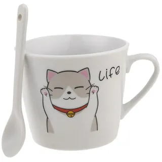 lachineuse Tasse aus Porzellan Katze Happy & Löffel – Katze mit erhöhten Armen – Kollektion Life – 200 ml – Frühstück & Pause Entspannung – Kaffee, Tee, heiße Schokolade – Geschenkidee Asien, China,