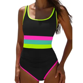 Popvil, Einteiler Badeanzug Damen, figurformend, mit Bauchkontrolle – modischer, sportlicher und zugleich sexy Badeanzug in leuchtenden Neonfarben, ideal für kurvige Frauen