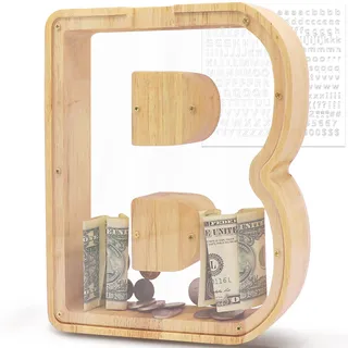 DBPBToU Spardose aus Holz Buchstaben, Groß Durchsichtig Sparschwein für Kinder, 23 * 4 * 23cm Große Personalisierte Sparbox, Lustige Piggy Bank für Geburtstag Geschenk/Heimdekoration/Keepsake (B)