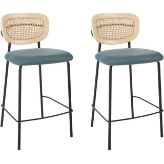 Beliani Barstuhl 2er-Set Rattan Blaugrün Mayetta , Jadegrün , Textil , 45x90x43 cm , Esszimmer, Barmöbel, Barhocker