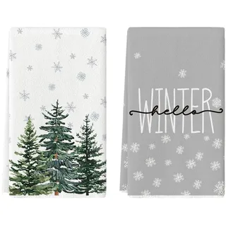 Artoid Mode Kiefern Bäume Schneeflocken Weihnachten Küchentücher Geschirrtücher, 42x65 cm Saisonale Hello Winter Deko Polyester Handtücher 2er Set