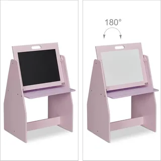 Relaxdays Kinderregal mit Tafel, Spielzeugregal mit 2 Fächern & Stoffbox, HBT: 84x52x45 cm, Spieltafel mit Hocker, rosa