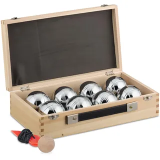 Relaxdays Boule Kugeln, 8 Stahlkugeln, Set mit Zielkugel, Abstandsmesser & Holzkoffer, Boccia Spiel, 72 mm, Natur/Silber