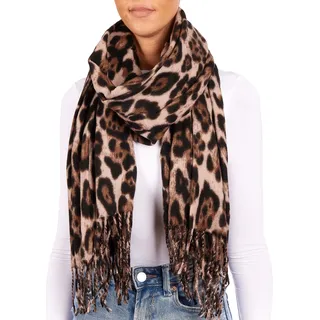 BRUBAKER Cashmirillo Damen Schal mit Leoparden Muster - 70 x 200 cm - Warm und Oversized - Leo Wollschal für Winter - Winterschal, Beige Schwarz - Beige, Schwarz