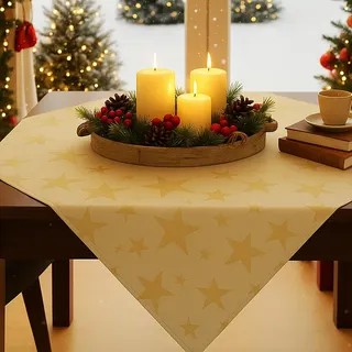 KAMACA Lotus Effekt Tischdecke Magic Stars mit Sternen Motiv - Fleckschutz Flüssigkeiten perlen einfach ab farb- & formstabil stilvoller Glanz für Advent & Weihnachten (Mitteldecke 85x85 cm, Gold)