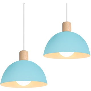 iDEGU 2 Stück Hängelampen Retro E27 LED Hängeleuchte Moderne Skandinavisch Deckenleuchte aus Metall Holz Pendelleuchte für Schlafzimmer Esszimmer Küche Restaurant (Blau, 2 Lampen)