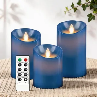 AiiBowy Led Kerzen [3er Set] Flammenlose Echtwachs Flackernde Dimmbar mit Fernbedienung Weihnachtskerzen led kerzen adventskranz 4"/5"/6” Tischdeko, für Halloween, Weihnachten, Hochzeit, Party - Blau