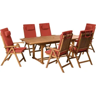 BELIANI Gartenmöbel Set Braun Akazienholz 6-Sitzer Auflagen Rot Ausziehbarer Rechteckiger Tisch Rustikal Landhaus Stil Outdoor - Braun, Rot