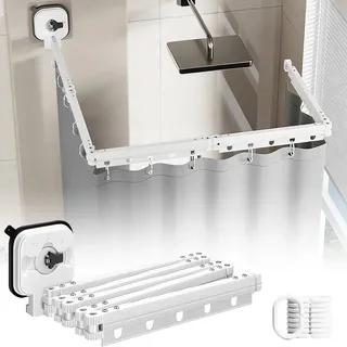 Duschvorhangstange Ohne Bohren mit Duschvorhang & Ringen, 360° Faltbare Duschvorhang Stange aus Aluminium für L-Form & Eckdusche, Faltbar und Platzsparend (Weiß, 5-Fach)