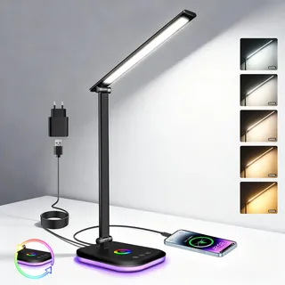 Schreibtischlampe LED Dimmbar 10W, Tischlampe mit 5 Farb und 10%-100% Stufenloses Dimmen, Desk Lamp USB Ladeanschluss Touch Steuerung, RGB Nachttischlampe, für Kinder, Schlafzimmer, Lektüre (Schwarz)
