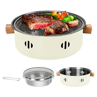 tragbarer Holzkohlegrill, Mini BBQ-Grill für drinnen und draußen, runder Tisch-Holzkohlegrill (Beige) - Beige