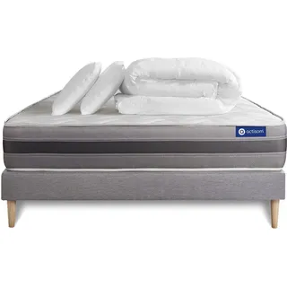 Komplettpaket Bett - Matratze 180x200 cm + Boxspringbett mit Lattenrost (im Set) + 2 Kopfkissen + Bettdecke - Actiflex Relax - Grau