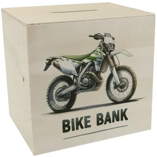 speecheese Spardose aus Holz Enduro Motorrad Bike Bank weiß hellgrün | mit Spruch Offroad Maschine Perfekt für Fahrzeug-Liebhaber Text in coolem Design