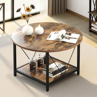 YITAHOME Runder Couchtisch, 80x80x46cm Rustikaler Wohnzimmertisch aus Holz für Wohnzimmer mit Ablage, Moderner Bauernhaus Couchtisch mit Stabilen Metallbeinen, Heimmöbel