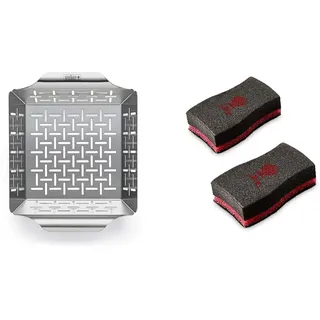 Weber 6481 Deluxe Gem sekorb 19x24 cm, Grillkorb, f r Fisch, Fleisch und Gem se, aus Edelstahl & 17688 Reinigungsschwamm, 2 Stück, 25.0 x 6.0 x 9.0 cm