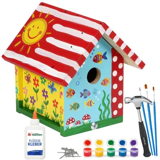 ITA DIY Vogelhaus Flyway zum Zusammenbauen und Bemalen, Holz Bastelset für Kinder ab 7 Jahren, mit Hammer, Farben, 3 Pinseln & Schleifpapier, FSC®-zertifiziertes Vogelhäuschen Set
