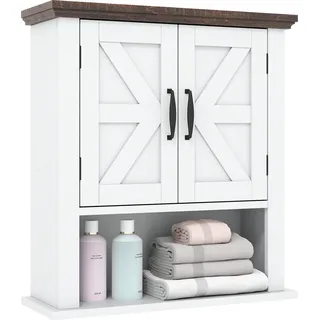COSTWAY Badezimmerschrank hängend, Hängeschrank mit Ablagen, Türen & offenem Aufbewahrungsfach, Wandschrank, Küchenschrank, Weiß - Weiß