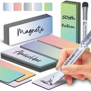 BIROYAL 50Stk Magnetstreifen Beschreibbar - 8X3cm Whiteboard Magnete zum Beschriften - Magnetschilder zum Beschriften für Magnettafel Kühlschrank Metallschrank - Whiteboard zubehör - inkl. 1 Marker