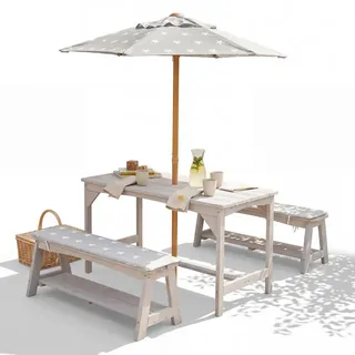 Roba Kindersitzgruppe mit Sitzauflage und Schirm grau , Hellgrau , Holz , Stern/Sternzeichen , rechteckig,Rechteckig , Freizeit & Co, Gartenspielzeug, Spielhäuser