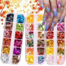 3 Boxes Maple Leaf Nail Sequins, Kalolary Colored Leaf Laser Nails Art Glitters Holographic Fall Leaf Thin Paillette Flakes Nails Stickers DIY Nails Supply Glitter Decorations