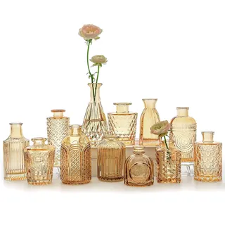 SUPMIND 12-teiliges Glasvasen-Set, kleine bernsteinfarbene Blumenvasen für Tafelaufsätze, Mini-Vintage-Vase für Hochzeit, Zuhause, Tischdekoration