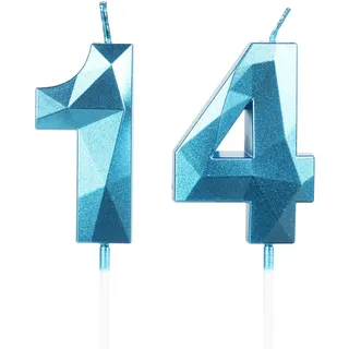 Geburtstagskerzen Zahl 14 Blau - 3D Blaue Kerzen zum 14 Geburtstagsdeko (Nummer 14 Kerze, Tortenkerzen) Geburtstagsparty, Feier