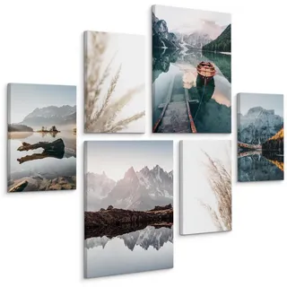 Muralo Leinwandbilder 6-er Set Berge Natur 3D , Blau, Grün, Schwarz, Weiß, Beige, Braun, Orange, Grau , Textil , Landschaft/Berg, Baum/Pflanze/Natur , Rechteckig , 90x80 cm , Bilder & Rahmen, Bilder