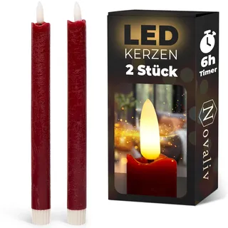 Novaliv Stabkerzen LED mit Timer Rot 2er Indoor mit 6 Stunden Timer - ECHTWACHS 24cm Höhe für Kerzen 2,2cm Durchmesser 2 AAA Batterien notwendig LED Stabkerzen flackernde Flamme bewegliche Flamme