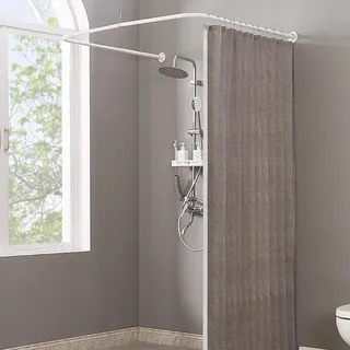 Yampos U Form Duschvorhangstange, Einstellbare [Beide Seiten: 60 cm - 132 cm, Mitte: 76 cm - 117 cm] Badewanne Duschstange Außenduschstange für Badezimmer mit 12-Haken für Deckenunterstützung
