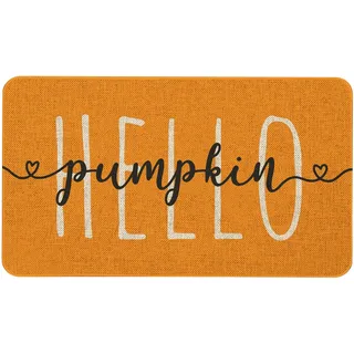 Mloabuc Fußmatte mit Aufschrift Hello Pumpkin, lustiger Text, Dekoration, Innenmatte, Erntedankfest, Urlaub, kreativ, saisonale Jute, Willkommensboden, orangefarbene Matte für den Außenbereich, 43,2