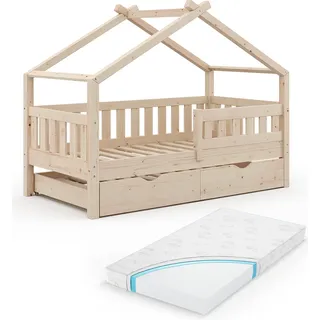 Hausbett Vitalispa Design Naturholz 80x160 cm mit Gästebett und Matratze, Model 36238 - Braun