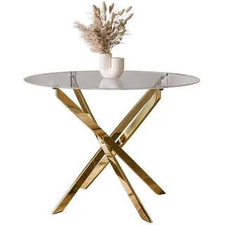 Lookway Esstisch Beira Runder Tisch 90 cm mit Glasplatte und Gold Tischbeine , Goldfarben , Uni , Rund,Rund , 90x72x90 cm , Esszimmer, Esstische