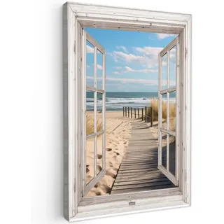MuchoWow Leinwandbild Fenster - Meer - Küste - Natur - Ausblick - Strand - Wattenmeer Wanddeko Schlafzimmer 60x90 cm , Beige , Textil , Kiefer , Abstrakt , Rechteckig , 60x90 cm , FSC 100% , gerahmt , Bilder & Rahmen, Bilder, Leinwandbilder