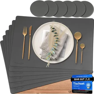 Mahewa® 6er Set Premium Tischset aus Kunstleder - Platzset abwaschbar und wasserdicht - Platzdeckchen Telleruntersetzer in Lederoptik (Dunkelgrau, Eckig)