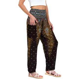 Lofbaz Damen Haremshose Yogahose Pumphose Hippie Hose Boho Kleidung Festival Outfit Sommerhose Leicht Sommer Hosen - Peacock 1 Braun M