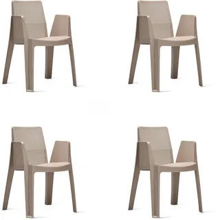 RESOL Play Set 4 Gartenstühle, stapelbar, mit Armlehnen und belüfteter Rückenlehne, Terrasse, Balkon, Esszimmer im Freien, leicht und robust, modernes Design, Sandbraun