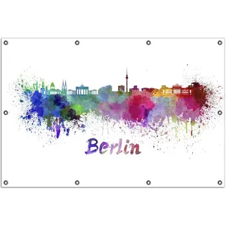 Wallario Outdoor-Poster für Garten oder Balkon, Motiv Städte als Aquarell - Skyline von Berlin, in ca. 100 x 150 cm - Weiß