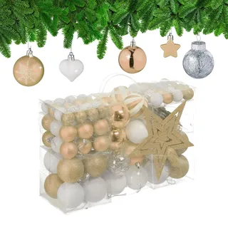 Relaxdays Weihnachtskugeln 101er Set, Kunststoff, Weihnachtsbaumdeko Kugeln & Spitze, Christbaumschmuck, Champagner/weiß