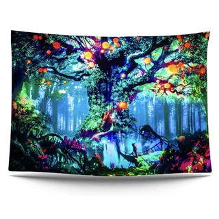 Ulticool – Märchenbaum - Glow in the Dark Wandteppich - Schwarzlicht under UV Reaktive Bright Black Neon Light - Blacklight Psychedelisch im Dunkeln Leuchtende Wandtuch - 200 x 150 cm Groß