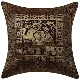 Stylo Culture Indische Dekorativ Brokat Seide Sofa Kissenbezüge 40x40 cm Dunkelbraun Dekokissen Jacquard Wohnzimmer Couch Kissenhülle Elefant Quadrat Reißverschluss 16x16 Inch Kissen Bezüge - 1 STK.