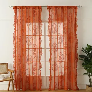 Transparent Vorhang Französische Spitze Barock Rosemuster Spitzengardinen | Gardinen Spitze Vintage Durchsichtig Spitzenvorhang Dekovorhang für Schlafzimmer Wohnzimmer 2 Stück Orange 140x200