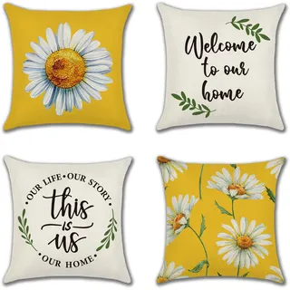 JOTOM Dekorative Kissenbezug Atmungsaktiv Kissenhülle Bunte Dekokissen Sofakissen Bezug Auto Home Bed Büro Cafe Garten Outdoor 45 x 45 cm 4er Set (Gänseblümchen, 45 x 45 cm)