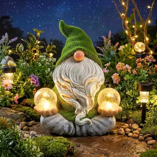 TERESA'S COLLECTIONS Lustige Gartenzwerge Gartendeko für Draußen Gartenfiguren Wetterfest Figur Yoga Zwerg Beflockte mit Zwei Glaskugel Solarleuchte Gartenwichtel Gartendeko Geschenk Muttertag,20cm(L)