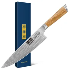 HOSHANHO Damastmesser Küchenmesser 20cm, 67 Schichten Damaststahl Kochmesser, Extra Scharfes Japanisches Messer mit Ergonomischem Olivfarbenem Griff