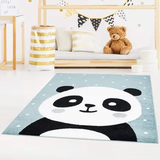 Carpet City Kinderzimmer Baby Panda Teppich Blau 160x225 cm Weiße Punkte Flachflor Kinderteppiche