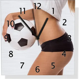 Wallario Design Wanduhr Fußball - sexy Frau mit einem Fußball aus Aluverbund, Größe 30 x 30 cm - Weiß
