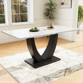Esstisch 140x75,5 cm in Marmor-Optik Weiß, moderner Küchentisch mit schwarzem Metallgestell, rechteckiger Speisetisch höhenverstellbar für Wohnzimmer & Esszimmer - Weiß
